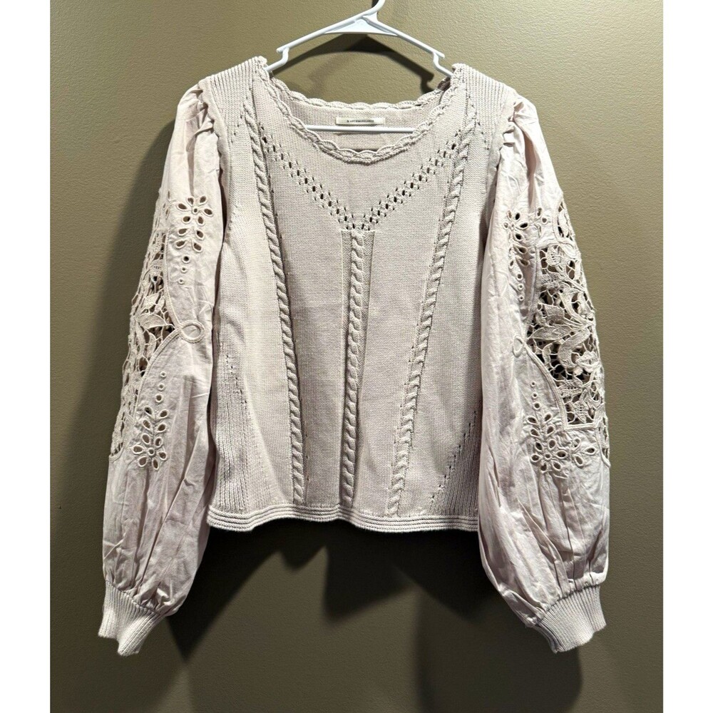 Anthropologie Pearl Knit Lace Puff Long Sleeve Round Neck Pullover Sweater S
